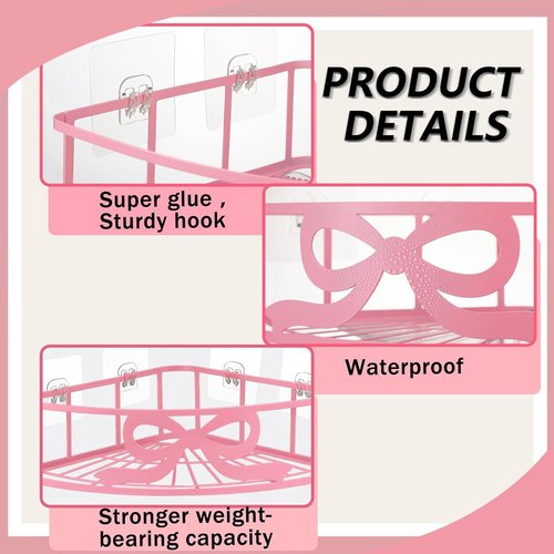 Coquette Corner Shower Caddy - No Drilling Pink Shower Shelves with 5 Adhesive Hooks | 2 Pack