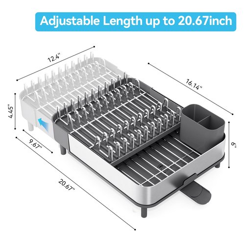Urackify Dish Drying Rack, 304 Stainless Steel Dish Drainer with Removable Utensil Holder & Drain Board, Rustproof Space-Saving Dish Rack for Kitchen Countertop, Grey