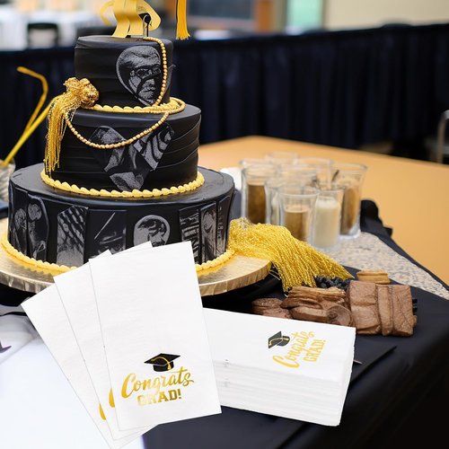 FYSUIMU Graduation Guest Napkins - 50 Pcs Gold Foil Congrats Grad Cap Design | Disposable Dinner Paper Towels