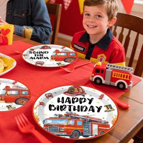 193pcs Firetruck Birthday Decorations Include Fire Truck Plates and Napkins Set, Banner, Hanging, Tablecloth, Balloon, Cupcake Topper, Centerpieces, for Firefighter Party Decorations, Serves 25