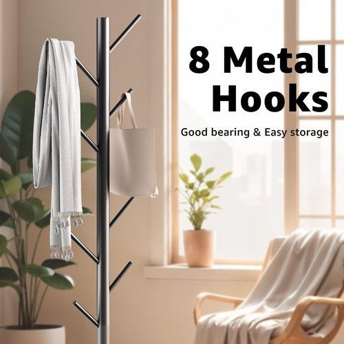 HzTinT Coat Rack with Natural Marble Base, Metal Freestanding Coat Rack with 8 Hooks, 3 Adjustable Size Sturdy Coat Tree for Bags, Coats, and Hats for Entryway, Hallway, Bedroom, Office, Black