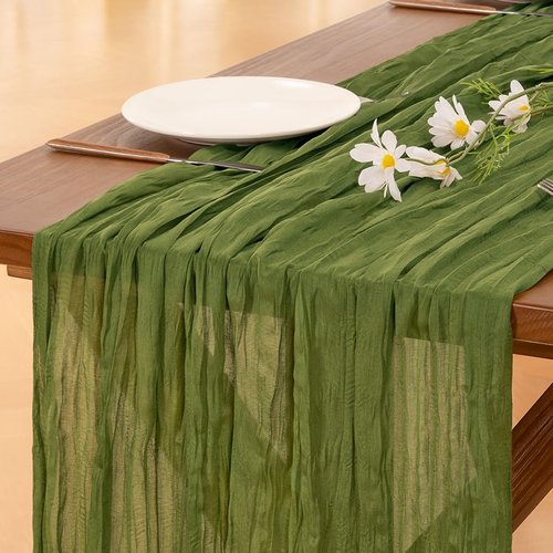 **Socomi Cheesecloth Table Runner - Boho Rustic Design for Weddings & Events | 120 Inch Green**