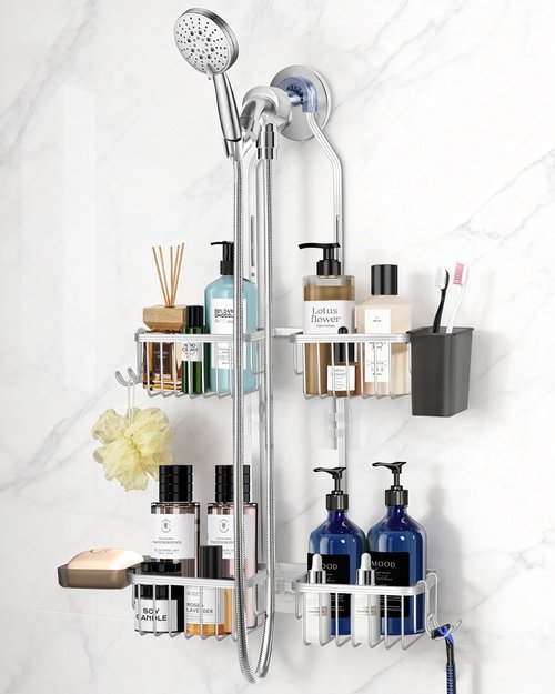 MSAICOE Adjustable Shower Caddy Hanging for Handheld Showerheads - Upgraded Never Rust Shower Hanging Organizer, Bathroom Shower Rack with Soap Basket, Hooks and Toothbrush Holder (Shiny Silver)