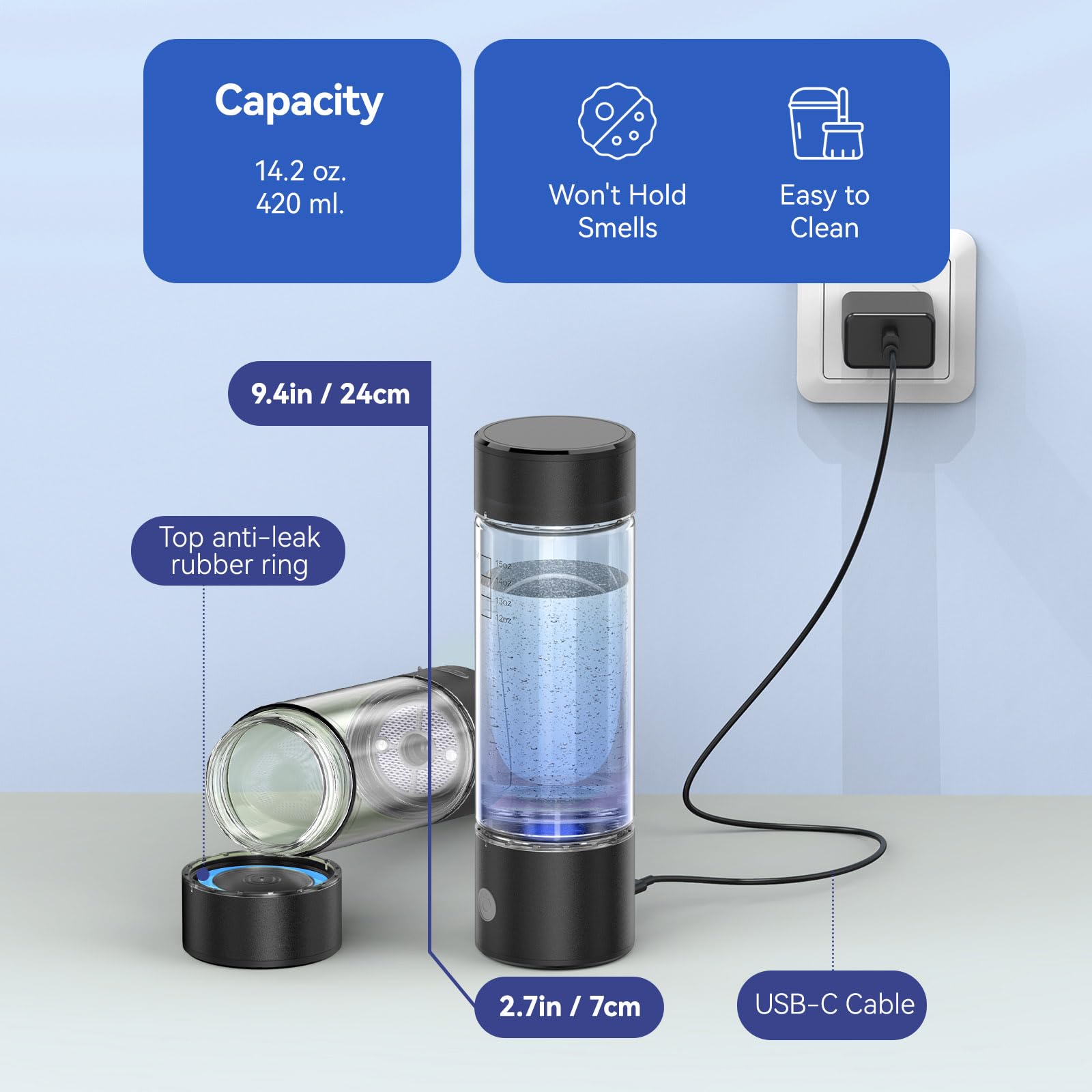 OEOP Hydrogen Water Bottle, 2200PPB in 3 Mins Hydrogen Water Generator, SPE PEM Technology, 14oz Portable Hydro Water Machine for Home, Travel, Gym | Best Health Gift for Family & Friends