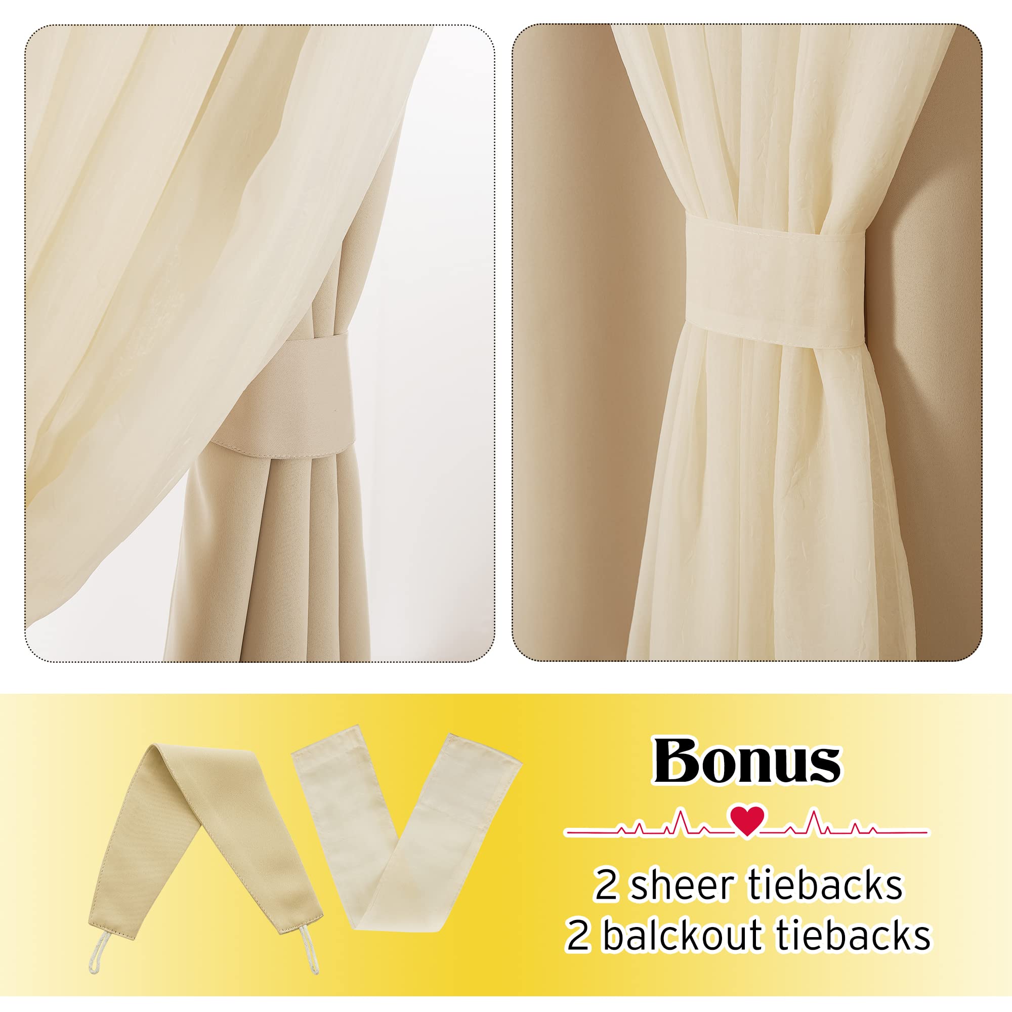 NICETOWN Bedroom Nursery Biscotti Beige Curtains Double-Layered Sheer & Blackout Panels with Free Tie-Backs, Home Decor Window Drapes for Kids (2 Panels, 52 inches Wide x 72 inches Long)
