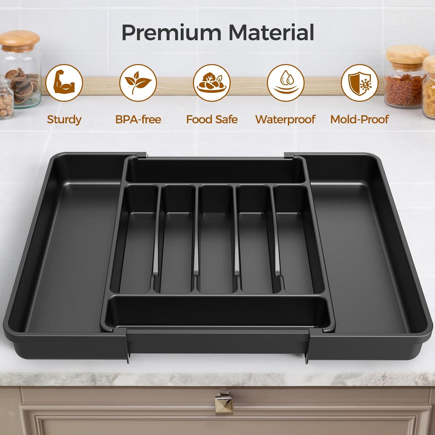 Ukeetap Extra Large Expandable Silverware Organizer - BPA-Free Cutlery Holder for Kitchen Drawers | Black