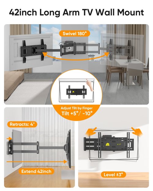 FORGING MOUNT Long Arm TV Wall Mount for 42-80 inch TVs, 43" Extension Full Motion TV Mount with Articulating Arm Swivel,Tilt and Level Adjustment, MAX VESA 600x400mm, Holds up to 110 lbs