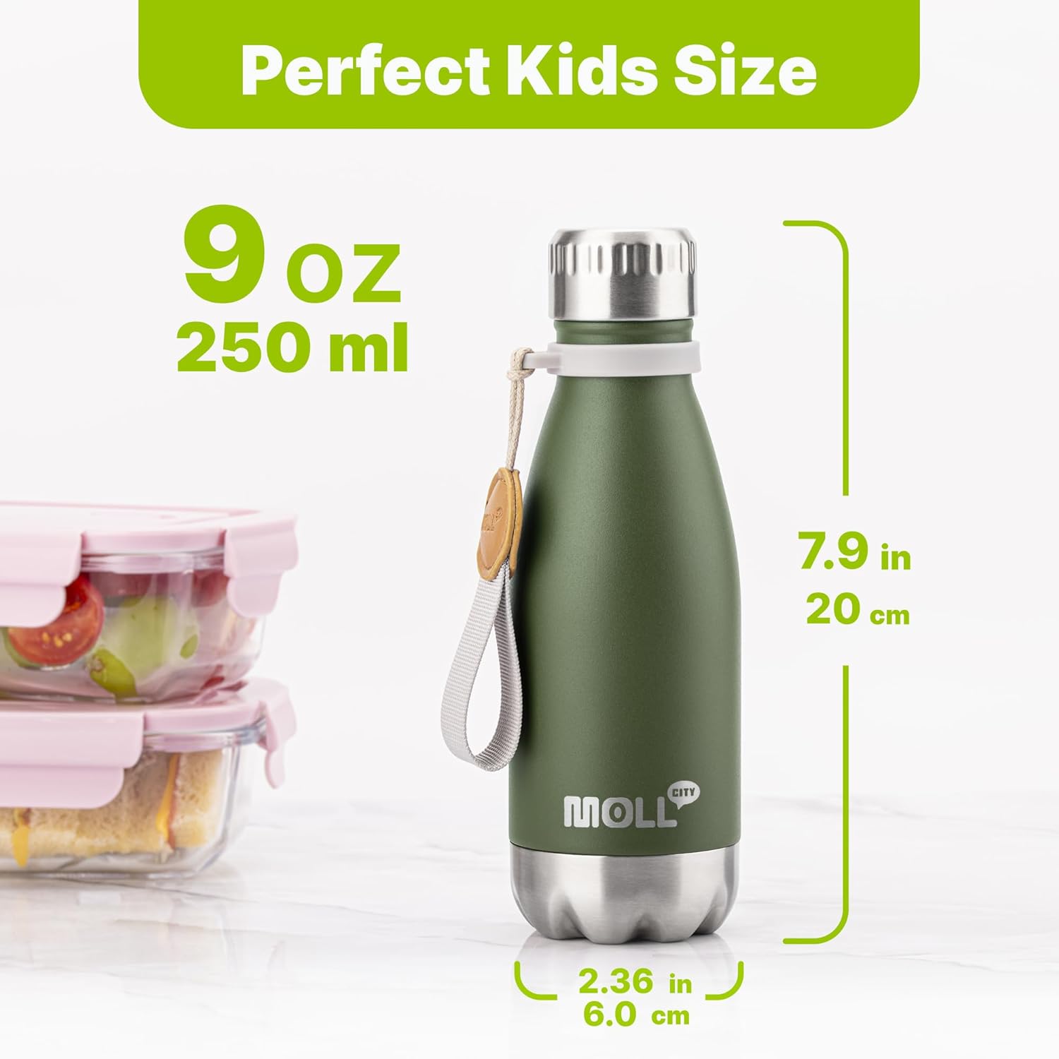 Skiennix Small Water Bottle - 9 oz Stainless Steel Insulated Vacuum Bottle | Leak-Proof Cola Shape for Kids (Grass Green)