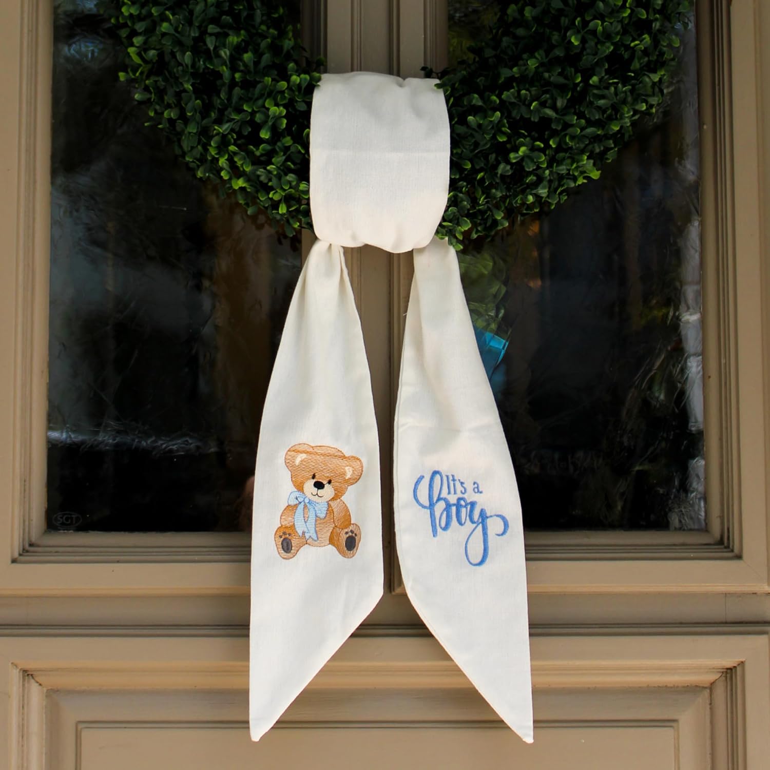 Quality Wreath Sash for Front Door - It's a Boy Monogrammed Embroidery | 56" L x 4.5" W Baby Shower Décor