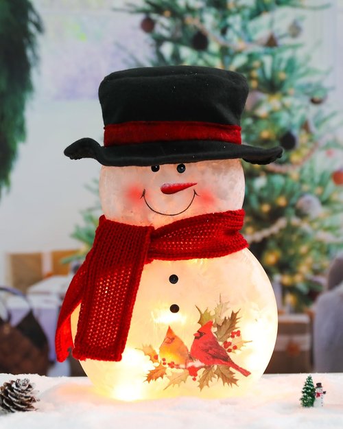 Bdor 11-Inch Glass Snowman Decoration - Light-Up Holiday Ornament with Cardinals & Red Scarf for Indoor Christmas Décor