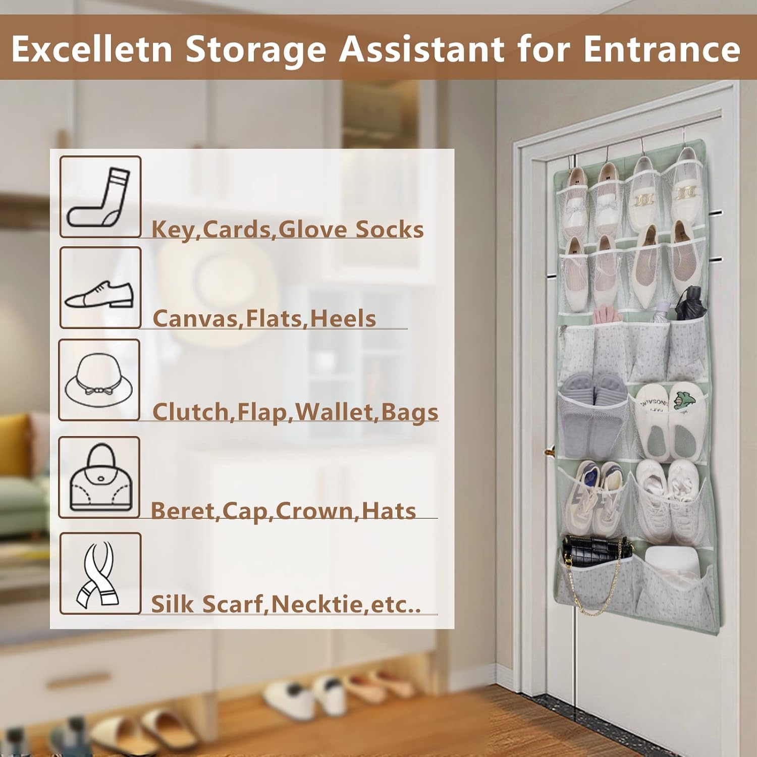 Skiennix 18-Pocket Over-The-Door Organizer - Versatile Storage for Shoes, Socks & Accessories | Green