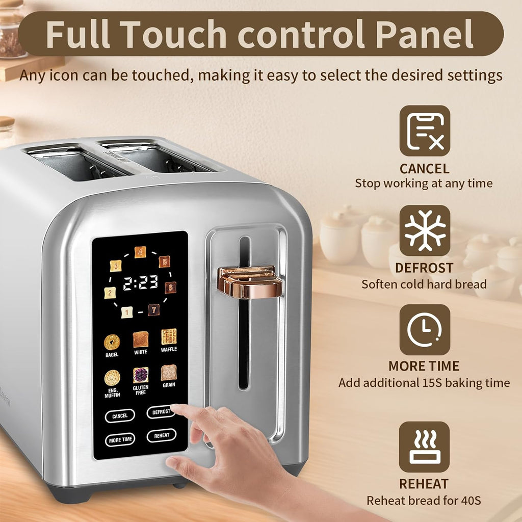 SEEDEEM 2-Slice Toaster - Full Touch Control, LCD Display, 50% Faster Heating, 7 Shade Settings, Silver Metallic