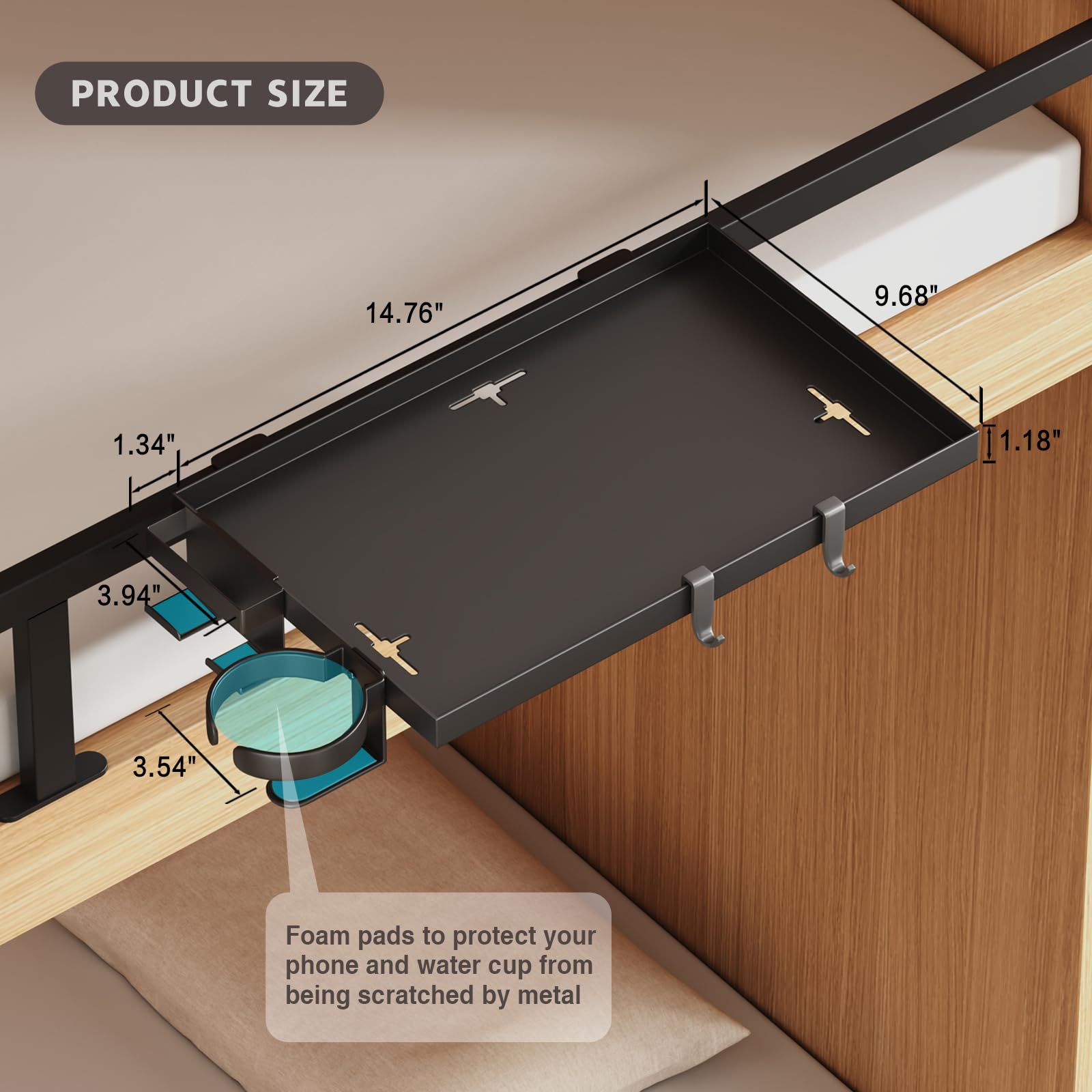 Magheo Bedside Shelf Foldable, Metal Clip-On Bed Shelf for Top Bunk Heavy Duty Bed Side Table Tray for College Dorm Essentials, Loft Nightstand Organizer Tray with Removable Cup & Phone Holder(Black)