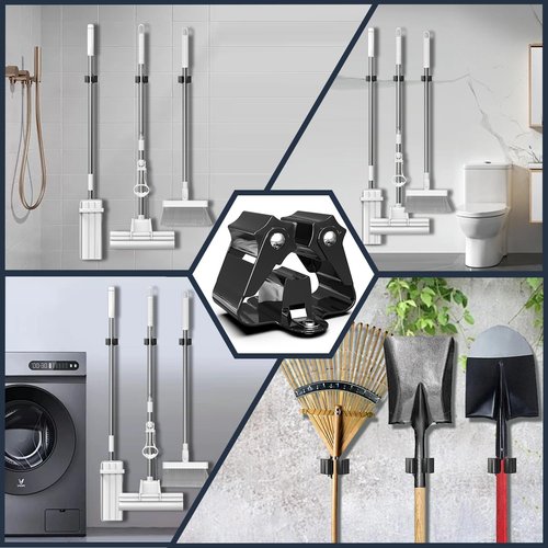 3-H Stainless Steel Broom Holder - Heavy Duty Wall Mount Mop Organizer for Kitchen, Garage & Bathroom (6 Pack)