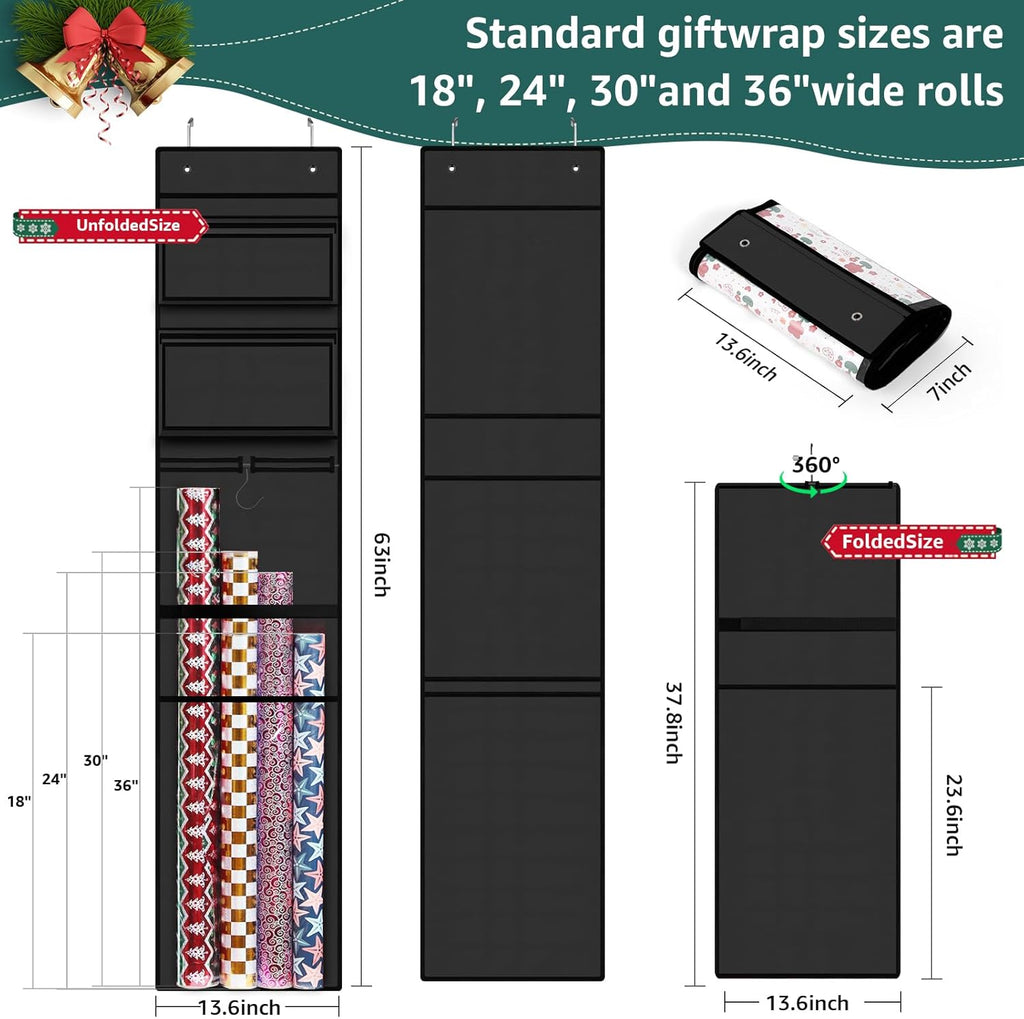 Woodoulogy Wrapping Paper Organizer - Double-Sided Gift Wrap Roll Holder | 63"x13" Over Door Storage, Black