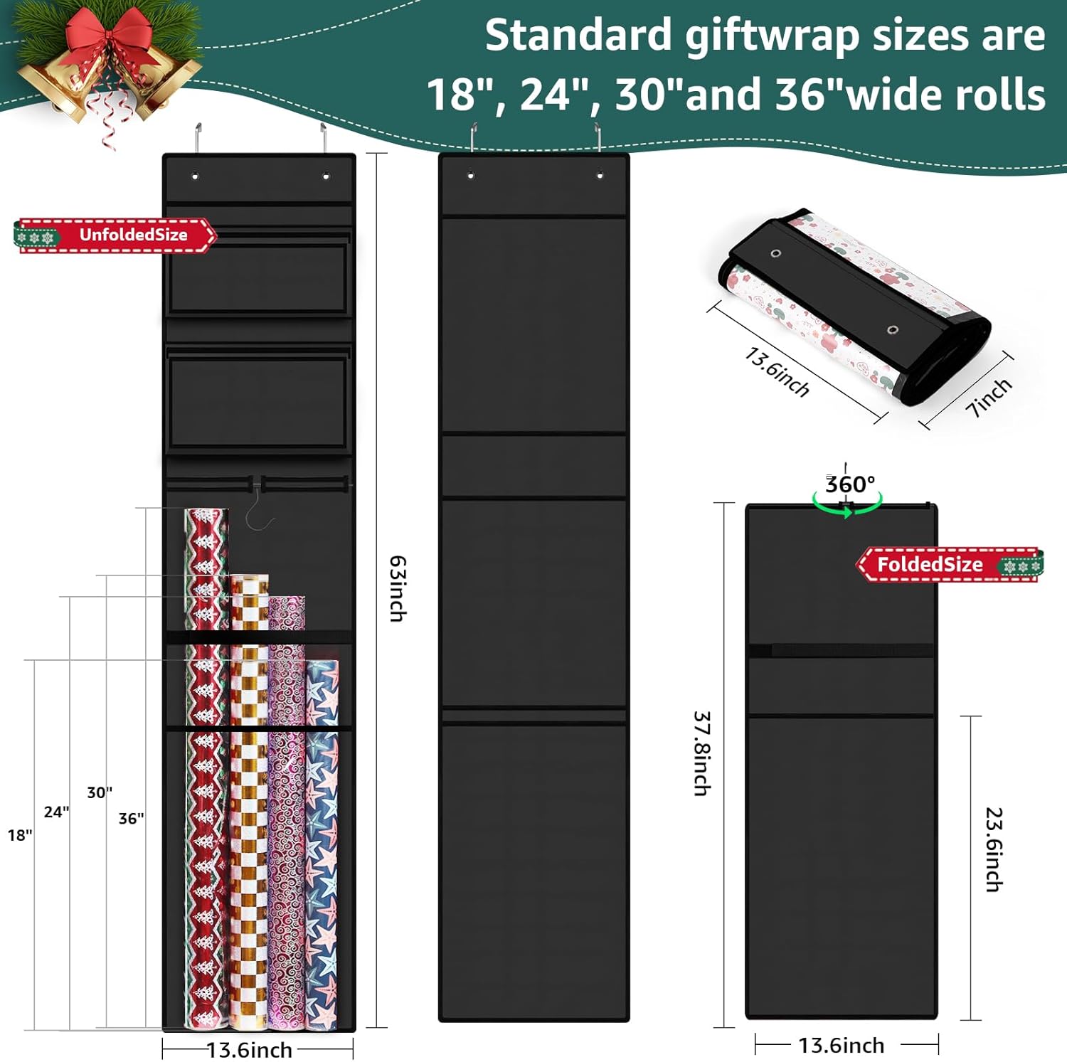 Woodoulogy Wrapping Paper Organizer - Double-Sided Gift Wrap Roll Holder | 63"x13" Over Door Storage, Black