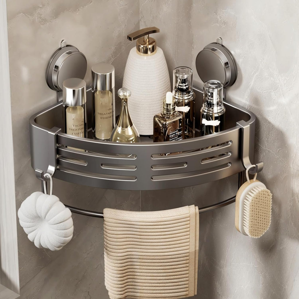 VOLPONE Shower Caddy - Corner Suction Cup Organizer with No Drilling | Adhesive Bathroom Shelf (Gray)
