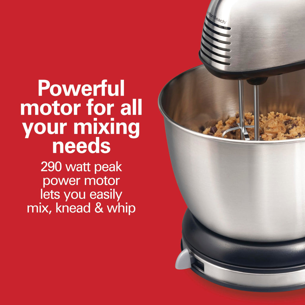 Hamilton Beach Classic Stand and Hand Mixer, 4 Quarts, 6 Speeds with QuickBurst, Bowl Rest, 290 Watts Peak Power, Black and Stainless