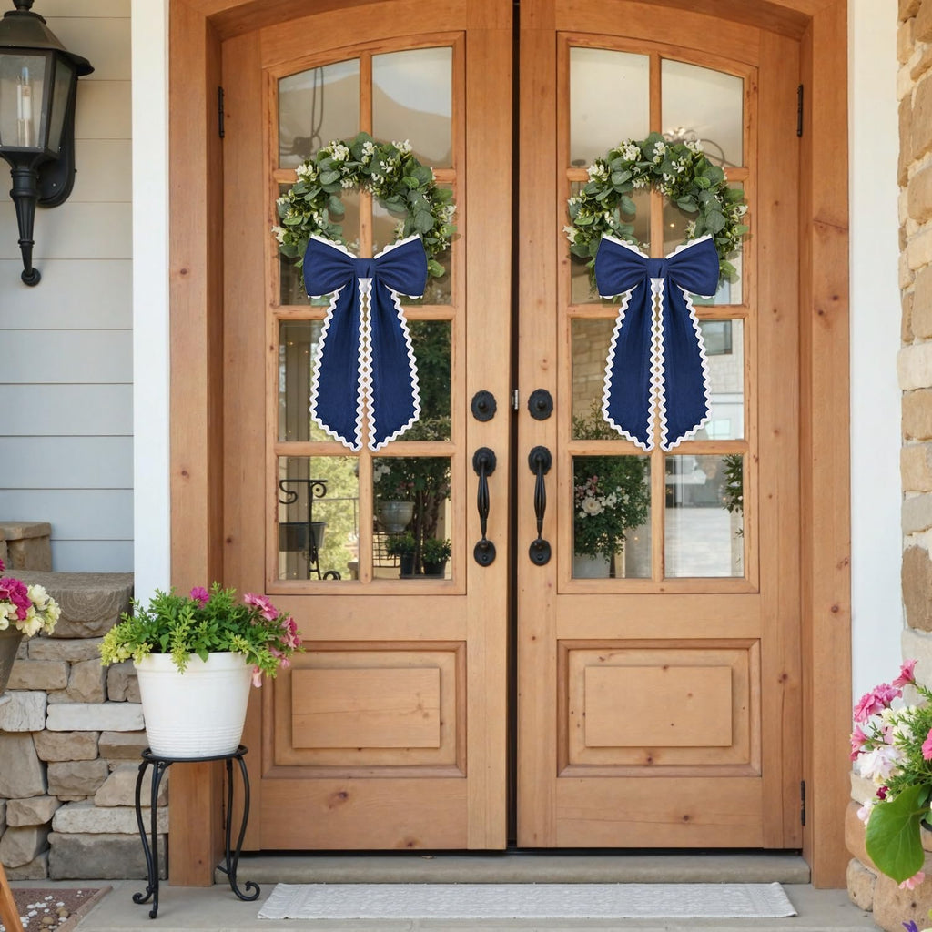 Skiennix Scalloped Wreath Sash - Ruffle Ribbon Bow for Front Door Decor | Navy & White, 2 Pcs