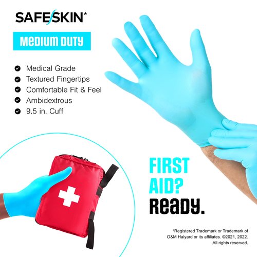 SAFESKIN Nitrile Disposable Gloves, Medium Duty, Medium Size, Powder-Free - For Food Handling, First Aid, Cleaning, Gardening, Crafting - Exam Gloves, 100-Count