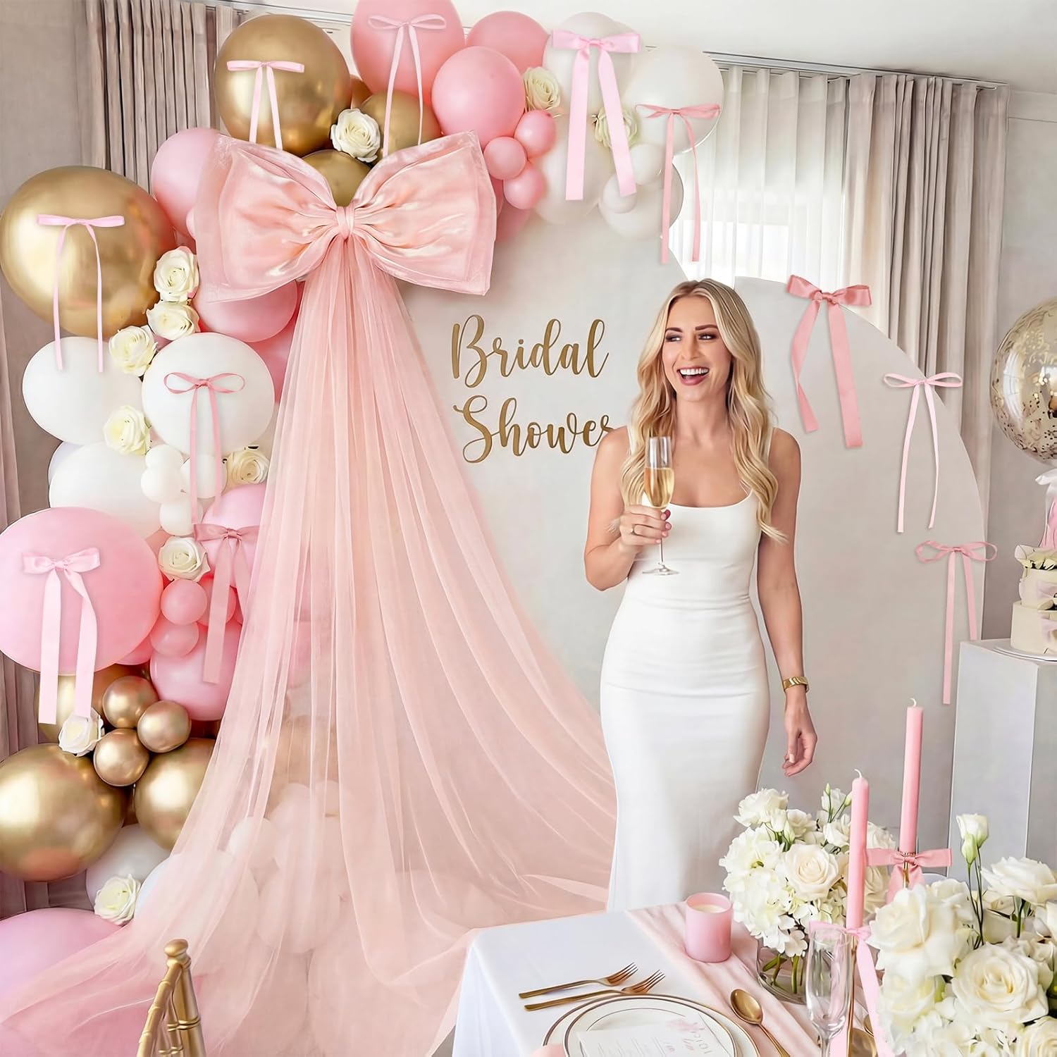 Skiennix 13Pcs Large Pink Pearl Silk Satin Bow Set - 17x55 Inch Giant Bow & 12 Small Satin Bows for DIY Decor