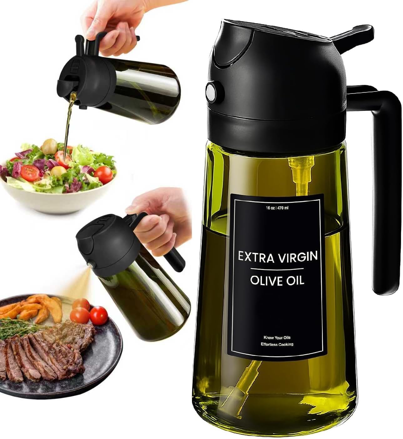 Skiennix 16oz Glass Olive Oil Sprayer - 2-in-1 Dispenser for Cooking, Air Fryer & BBQ (Black)