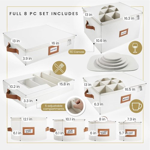 HOMELUX THEORY Hard Shell China Storage Containers - 8pc Ivory Mug & Plate Box with Lids | Heavy-Duty Kitchen Storage Bins