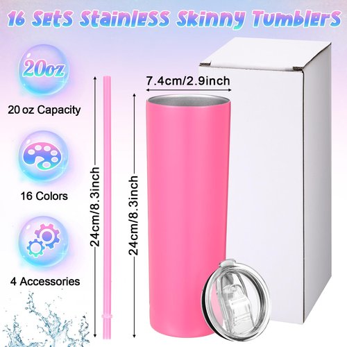16 Packs Skinny Tumblers Bulk 20 oz Stainless Steel Double Wall Vacuum Insulated Tumbler Slim Water Cups with Lid and Straw for Travel DIY Hot Cold Drink, 16 Colors