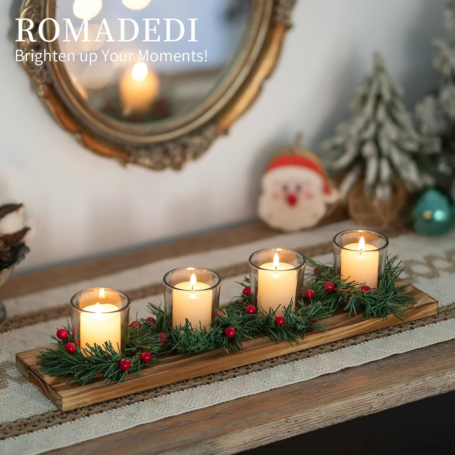 Romadedi Christmas Candle Holder - Rustic 4 Tealight Holders with Mini Wreaths | 16.5-Inch Wooden Tray for Table Centerpiece Decor