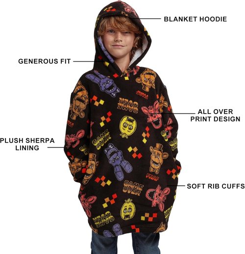 Five Nights At Freddy's Hoodie Blanket - Game Over All-Over Print | Black Sherpa Lined for Kids