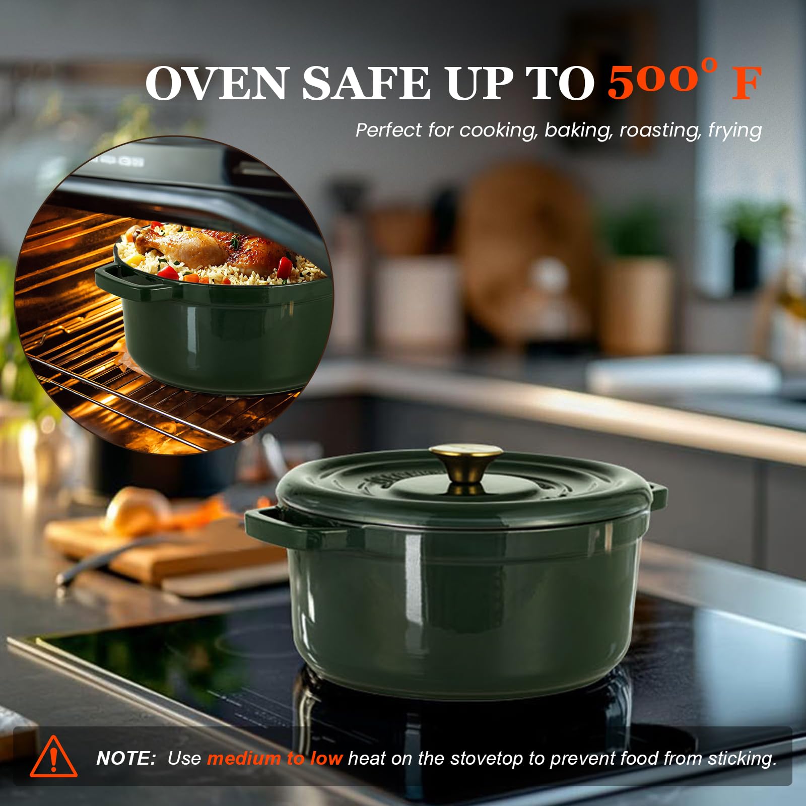 Overmont Enameled Cast Iron Dutch Oven - 5QT Pot with Lid Cookbook & Cotton Potholders - Heavy-Duty Cookware for Braising, Stews, Roasting, Sourdough Baking moss