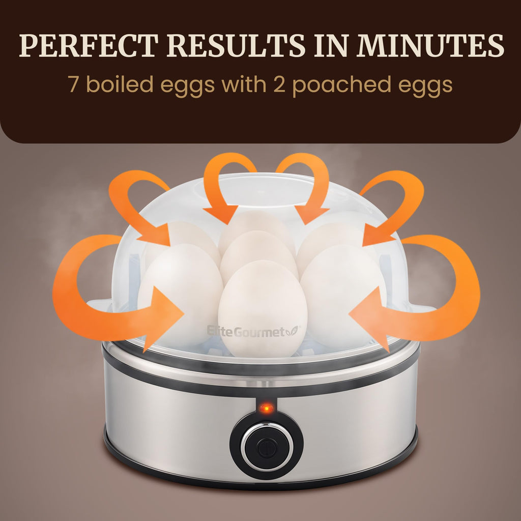 Elite Gourmet EGC855SS Easy Egg Cooker, 7-Egg Capacity, Soft, Medium, Hard-Boiled, Omelets, Poached Eggs, Plays Melody when Done, Auto Shut-Off, Measuring Cup, Stainless Steel