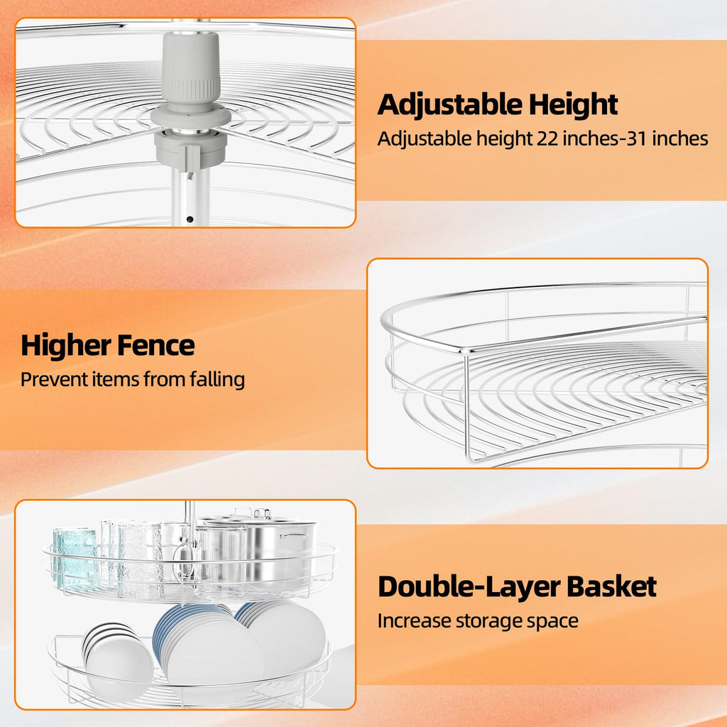 24" Corner Cabinet Turntable, 270° Rotating Basket Adjustable Height Kitchen Shelf Turntable, 2 Tier Rotating Basket 304 Stainless Steel Rotating Storage Rack for Kitchen Corner Cabinets