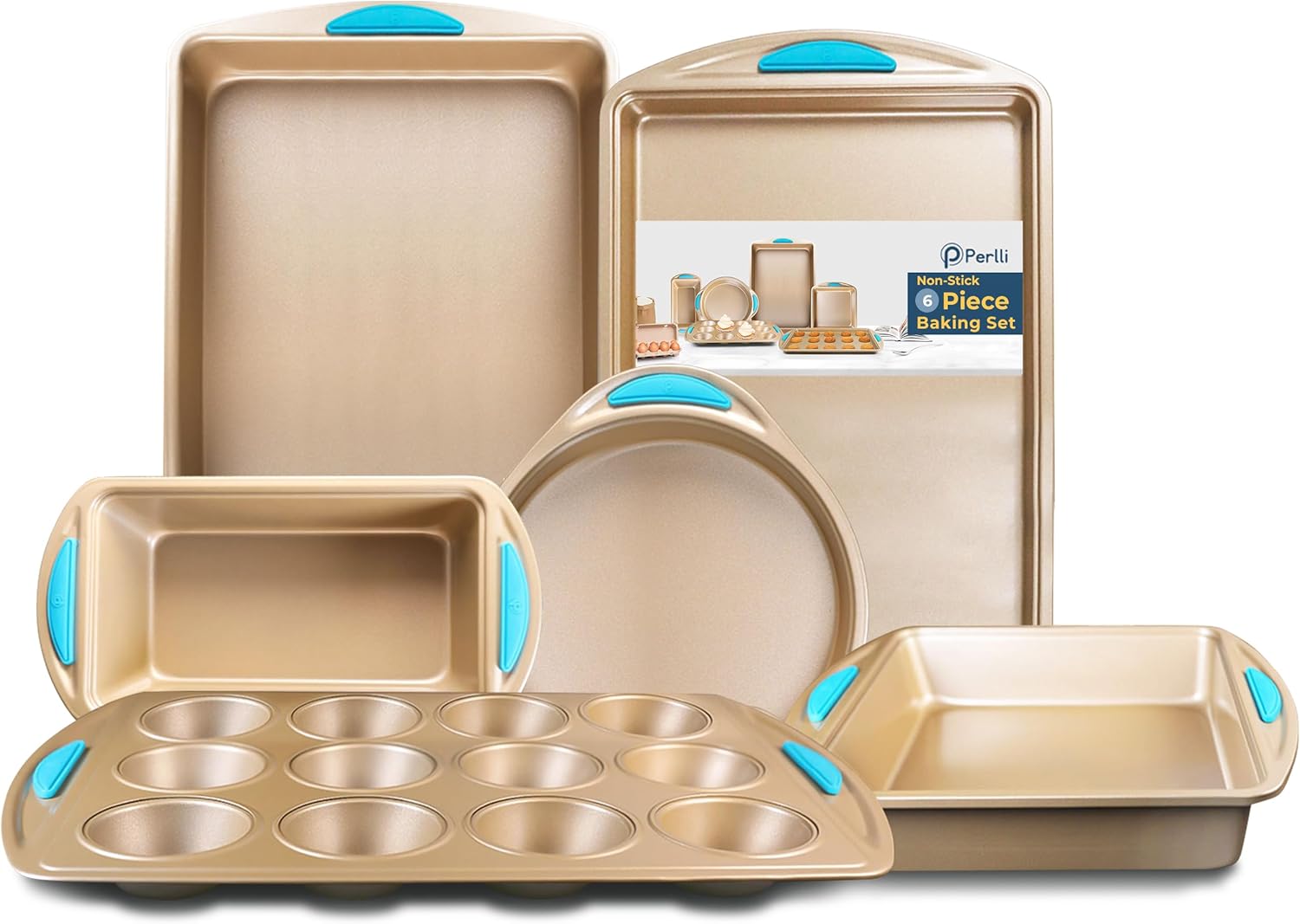 Perlli Nonstick Baking Kit - 6-Piece Gold Steel Oven Set with Silicone Handles | Round, Loaf, Square Pans & More