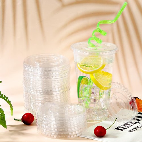 Hortsun 1000 Count 98mm Clear Flat Lids with Straw Slot Fits 16, 20, 24 oz Cups Disposable PET Plastic Transparent Cup Lids for Summer Iced Coffee Milkshake Ice Cream Party Supplies