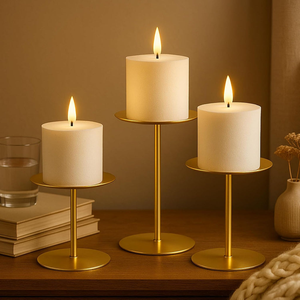 Smtyle Gold Metal Candle Holder Set - Elegant Pillar Candle Holders for Wedding Centerpieces | Set of 3