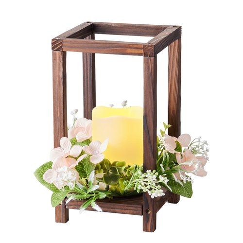 VEVOR 20 Set/60 Pcs Wooden Wedding Lantern Centerpiece, Includes 20 Wooden Lantern Candle Holder 20 Flameless LED Candle 20 Champagne Flower Wreath for Wedding Table Party Farmhouse Decor, Brown