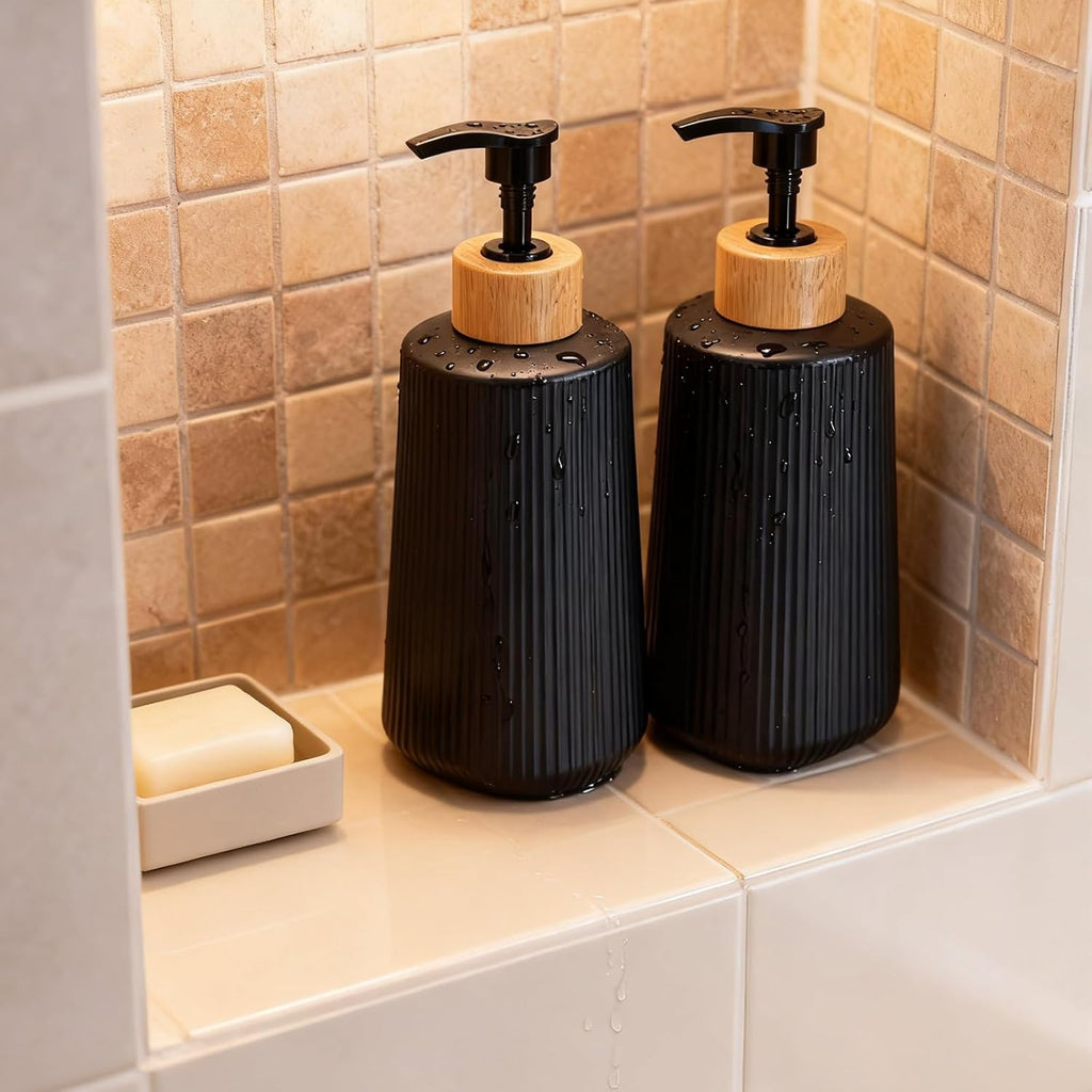 Skiennix Glass Soap Dispenser - Thickened 12oz Hand Soap Bottle for Bathroom & Kitchen | Modern Black Design