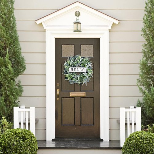 Hello 24-Inch Boxwood Wreath - Farmhouse Eucalyptus & Flocked Lamb's Ear for Front Door Decor