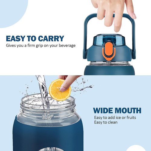 Kytffu 64oz Glass Water Bottle - Motivational Half Gallon Jug with Straw & Silicone Sleeve | Leakproof, Blue
