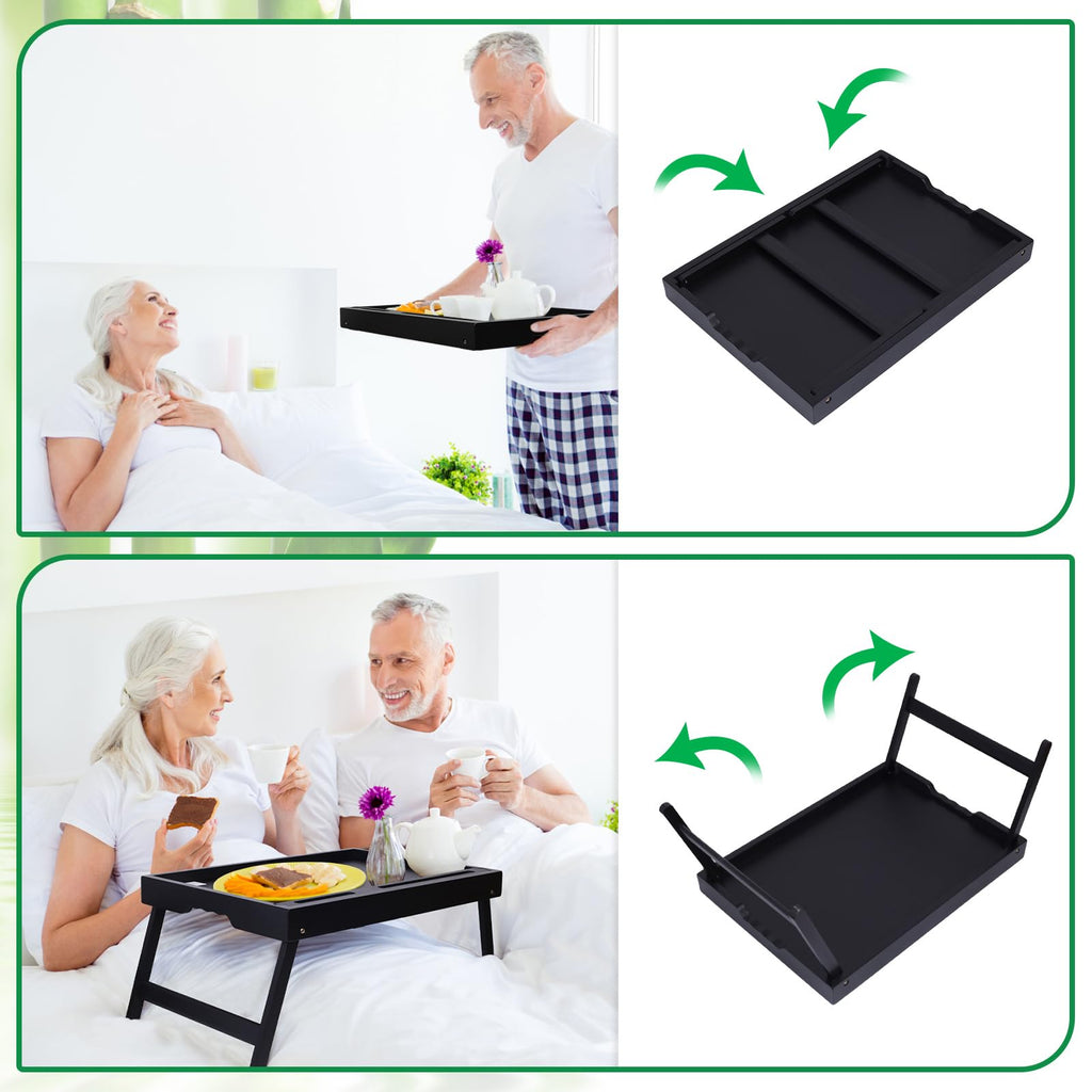 Artmeer Bed Tray Table with Folding Legs, Bamboo Breakfast Food Tray with Media Slot, Use As Platter, Laptop Desk, Snack, TV Tray Kitchen Serving Tray (Black Extra-Large Size)