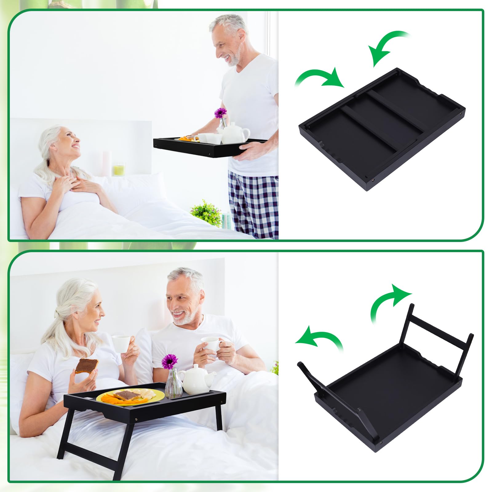 Artmeer Bed Tray Table with Folding Legs, Bamboo Breakfast Food Tray with Media Slot, Use As Platter, Laptop Desk, Snack, TV Tray Kitchen Serving Tray (Black Extra-Large Size)