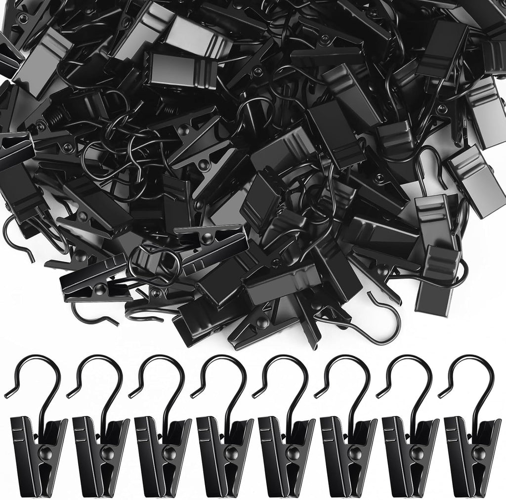 Teenitor 100 Pack Curtain Clips - Durable Stainless Steel Hooks for Outdoor String Lights | Black