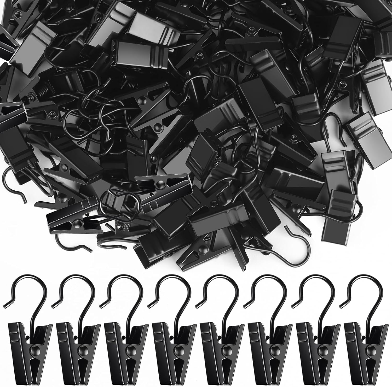 Teenitor 100 Pack Curtain Clips - Durable Stainless Steel Hooks for Outdoor String Lights | Black