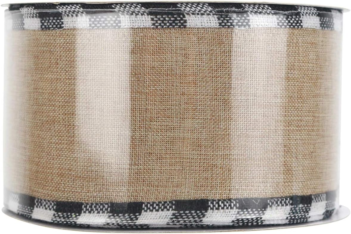 MEEDEE Burlap Christmas Ribbon - Wired 2.5 Inch Plaid with Black & White Edging | 10 Yards for Trees & Wreaths