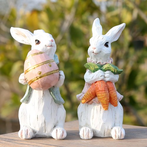 Hodao Easter Bunny Decorations - Spring Home Decor Bunny Figurines | 2-Piece White Rabbit Set