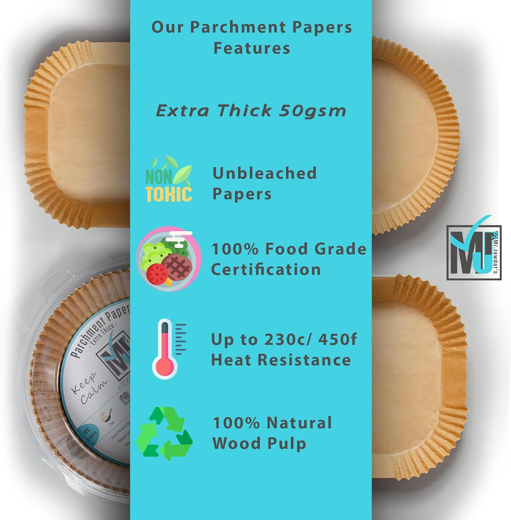 Mr. Jawdat's Extra Strong Air Fryer Disposable Paper Liners - 100 Non-Stick Square Liners (6.3 Inch)