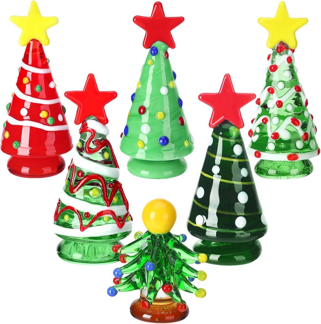 Skiennix Mini Christmas Tree Glass Ornaments Set - 6 Pcs Holiday Figurines for DIY Crafts | 2.36 Inch