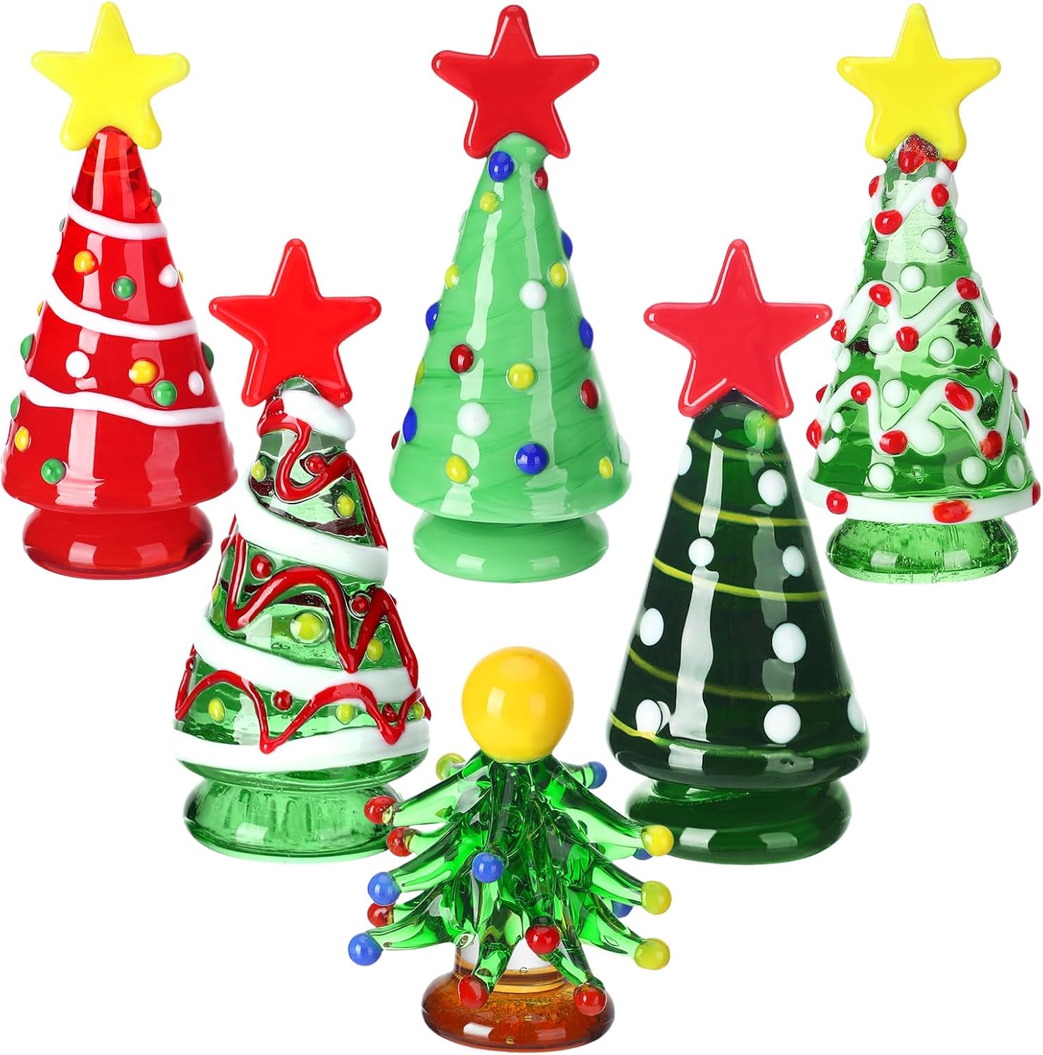 Skiennix Mini Christmas Tree Glass Ornaments Set - 6 Pcs Holiday Figurines for DIY Crafts | 2.36 Inch