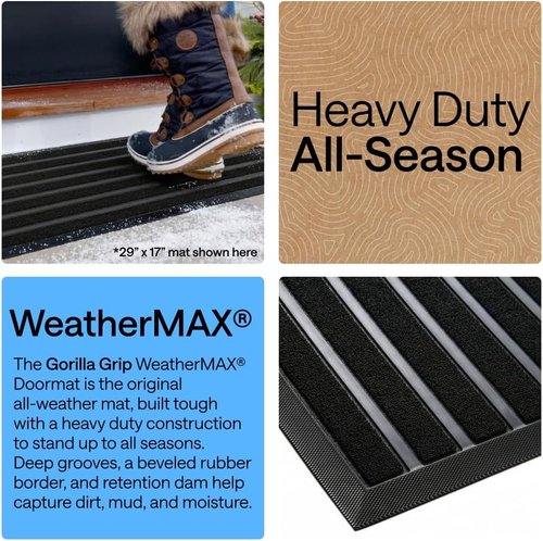 GORILLA GRIP Waterproof All-Season WeatherMAX Doormat - Natural Rubber, Stain & Fade Resistant, 23x35, Black Stripe